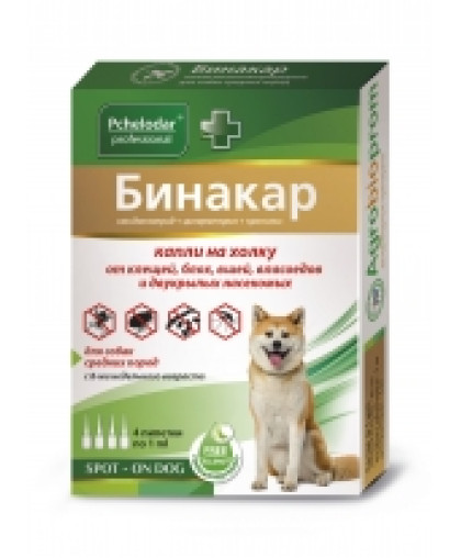  Бинакар Капли на холку для собак средних пород/1мл уп. 4 пипетки*50 (на  10кг)