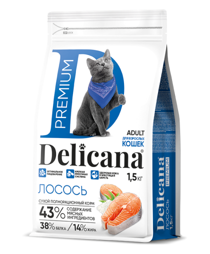 Деликана/Delicana корм для кошек Лосось 1,5кг Деликана/Delicana корм для кошек Лосось 1,5кг