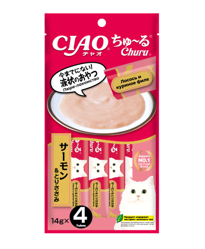 Инаба/INABA ЧАО ЧУРУ лакомство для кошек пюре куриное филе, лосось 14гр*4 Инаба/INABA ЧАО ЧУРУ лакомство для кошек пюре куриное филе, лосось 14гр*4