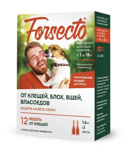 Форсекто капли инсектоакарицидные для собак и щенков от 5 до 10кг, 1мл от блох, клещей 2пип Форсекто капли инсектоакарицидные для собак и щенков от 5 до 10кг, 1мл от блох, клещей 2пип