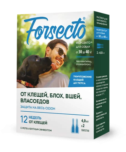 Форсекто капли инсектоакарицидные для собак от 30 до 40кг, 4мл от блох, клещей 2пип Форсекто капли инсектоакарицидные для собак от 30 до 40кг, 4мл от блох, клещей 2пип