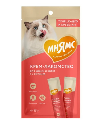 Мнямс для кошек Крем-лакомство с тунцом Кацуо и креветками 15гр*4 Мнямс для кошек Крем-лакомство с тунцом Кацуо и креветками 15гр*4