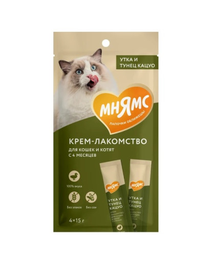 Мнямс для кошек Крем-лакомство с уткой и тунцом Кацуо 15гр*4 Мнямс для кошек Крем-лакомство с уткой и тунцом Кацуо 15гр*4