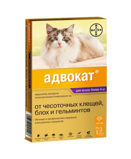 Адвокат для кошек более 4кг,1 пип. ( в уп. 3 пип) (от демод,саркопт.клещей, блох, вшей, нематод, дироф Адвокат для кошек более 4кг,1 пип. ( в уп. 3 пип) (от демод,саркопт.клещей, блох, вшей, нематод, дироф