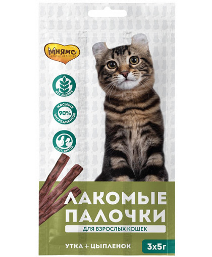 Мнямс для кошек Лаком.палочки Цыпленок/Утка 5г 13,5см Мнямс для кошек Лаком.палочки Цыпленок/Утка 5г 13,5см