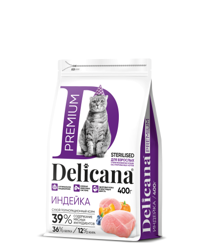Деликана/Delicana корм для кошек стерилизованных/кастрированных Индейка 400гр Деликана/Delicana корм для кошек стерилизованных/кастрированных Индейка 400гр