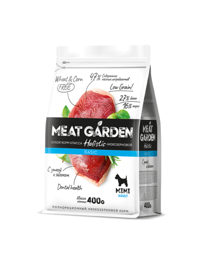 Мит Гарден/Meat Garden Basic Низкозерновой корм для собак мелких пород Утка/Яблоко 400гр Мит Гарден/Meat Garden Basic Низкозерновой корм для собак мелких пород Утка/Яблоко 400гр