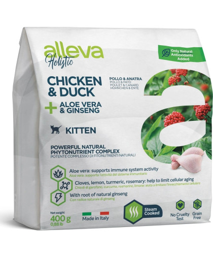 Аллева/Alleva Холистик Беззерновой корм для котят Курица/утка/алое/женьшень 400гр Аллева/Alleva Холистик Беззерновой корм для котят Курица/утка/алое/женьшень 400гр
