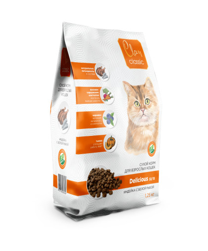 Клан/Clan Classic Delicious корм для кошек индейка/белая рыба 1,25кг Клан/Clan Classic Delicious корм для кошек индейка/белая рыба 1,25кг