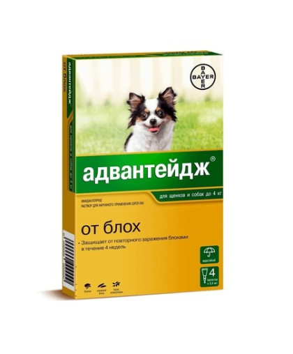 Адвантейдж для собак и щенков до 4кг (1 пипетка *4 с 4 недель (от блох) Адвантейдж для собак и щенков до 4кг (1 пипетка *4 с 4 недель (от блох)
