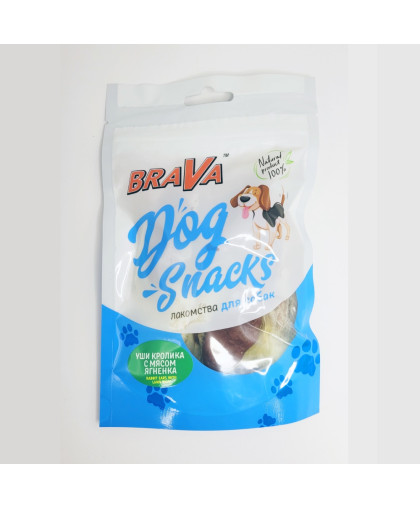 Брава/BraVa лакомства для собак Уши Кролика с мясом Ягненка 90гр Брава/BraVa лакомства для собак Уши Кролика с мясом Ягненка 90гр