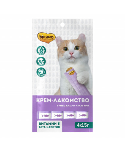 Мнямс для кошек Крем-лакомство с Тунцом Кацуо и Магуро 15гр*4 Мнямс для кошек Крем-лакомство с Тунцом Кацуо и Магуро 15гр*4