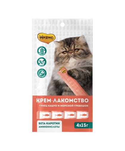 Мнямс для кошек Крем-лакомство с Тунцом Кацуо и морским гребешком 15гр*4 Мнямс для кошек Крем-лакомство с Тунцом Кацуо и морским гребешком 15гр*4