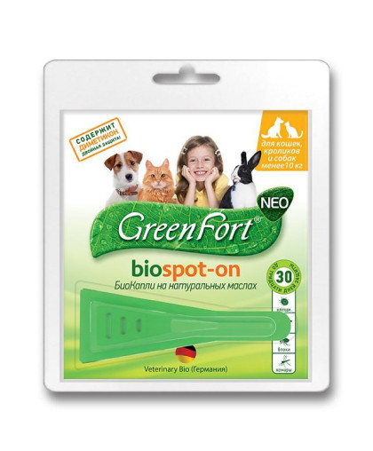  ГринФорт/Green Fort Нео Био Капли репелентные для кошек, кроликов. соб. до  10кг 1пип (с 4 недель)*60