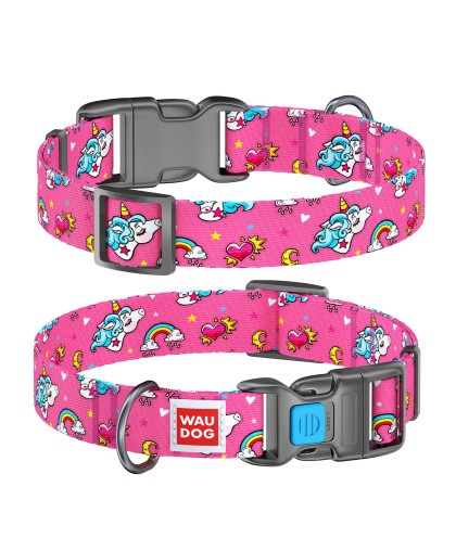  Ошейник для собак нейлоновый Единороги с QR пластиковый фастекс  20мм*24-40см WauDog CoLLaR