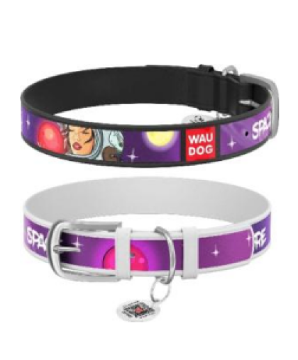  Ошейник для собак кожаный  2*29-38см Космос QR-паспорт черный WauDog CoLLaR