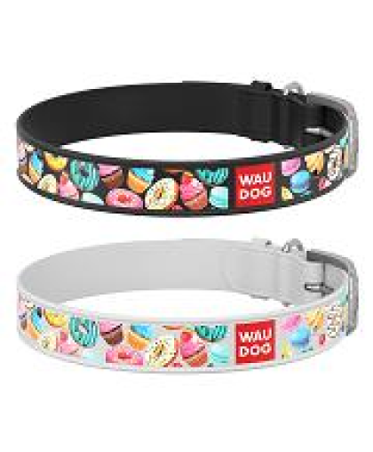  Ошейник для собак кожаный  2*30-39см Пончики QR-паспорт белый WauDog CoLLaR