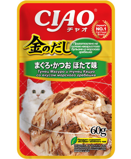 Инаба/INABA КИННОДАСИ пауч для кошек тунец магуро и кацуо с гребешком в желе 60гр*48 Инаба/INABA КИННОДАСИ пауч для кошек тунец магуро и кацуо с гребешком в желе 60гр*48