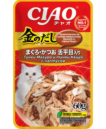 Инаба/INABA КИННОДАСИ пауч для кошек тунец магуро и кацуо с палтусом 60гр*48 Инаба/INABA КИННОДАСИ пауч для кошек тунец магуро и кацуо с палтусом 60гр*48