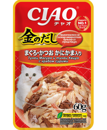 Инаба/INABA КИННОДАСИ пауч для кошек тунец магуро и кацуо с сурими 60гр*48 Инаба/INABA КИННОДАСИ пауч для кошек тунец магуро и кацуо с сурими 60гр*48