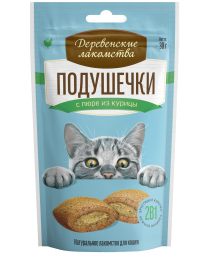 Деревенские Лакомства для кошек Подушечки с пюре из курицы 30гр*10 Деревенские Лакомства для кошек Подушечки с пюре из курицы 30гр*10