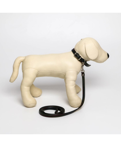  Комплект для собак Ошейник  26-34см*1,4см + поводок 120см*1см из экокожи черный с цветной нитью