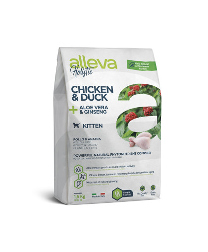 Аллева/Alleva Холистик Беззерновой корм для котят Курица/Утка/алое вера/женьшень 1,5кг Аллева/Alleva Холистик Беззерновой корм для котят Курица/Утка/алое вера/женьшень 1,5кг