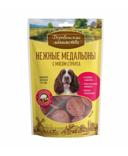  Деревенские лакомства для собак Нежные медальоны с мясом страуса,  90гр*10